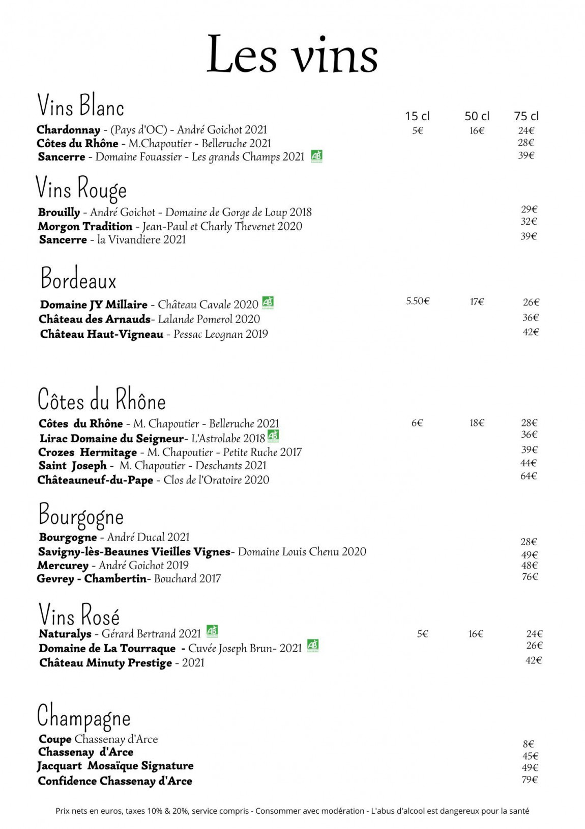 Carte des vins 2023