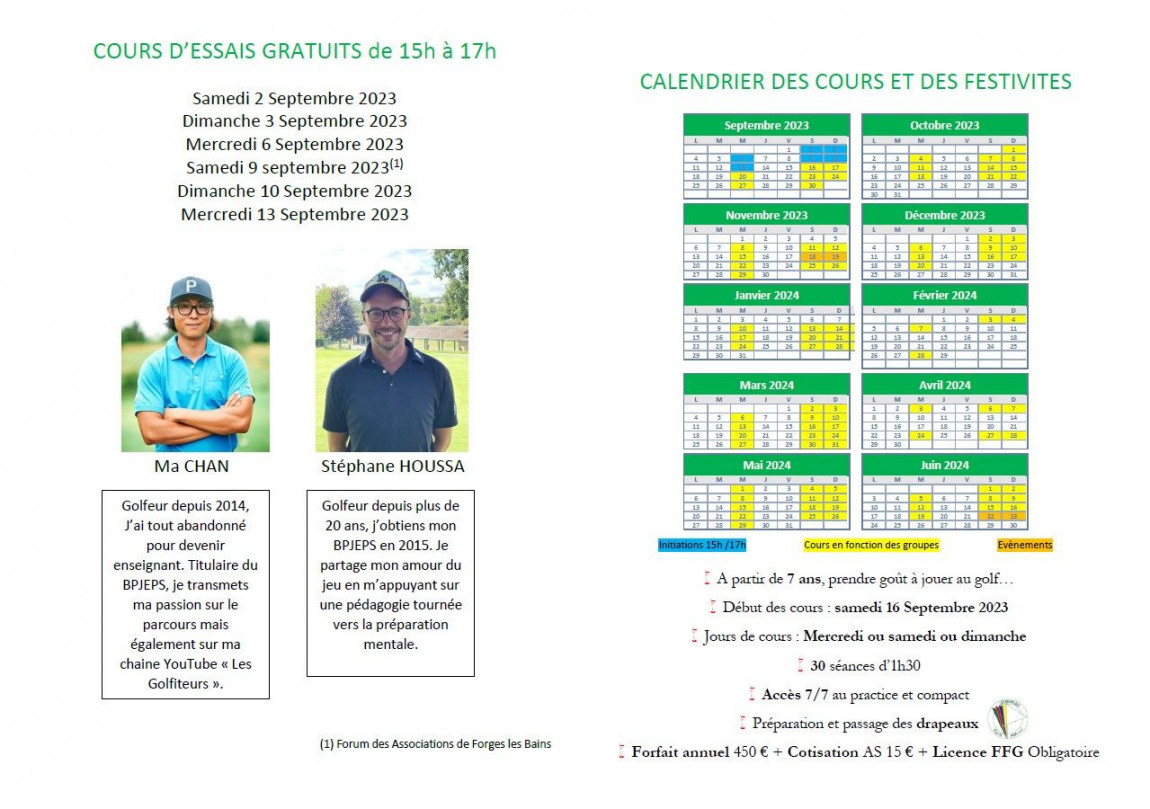 Planning des cours de l'école de Golf