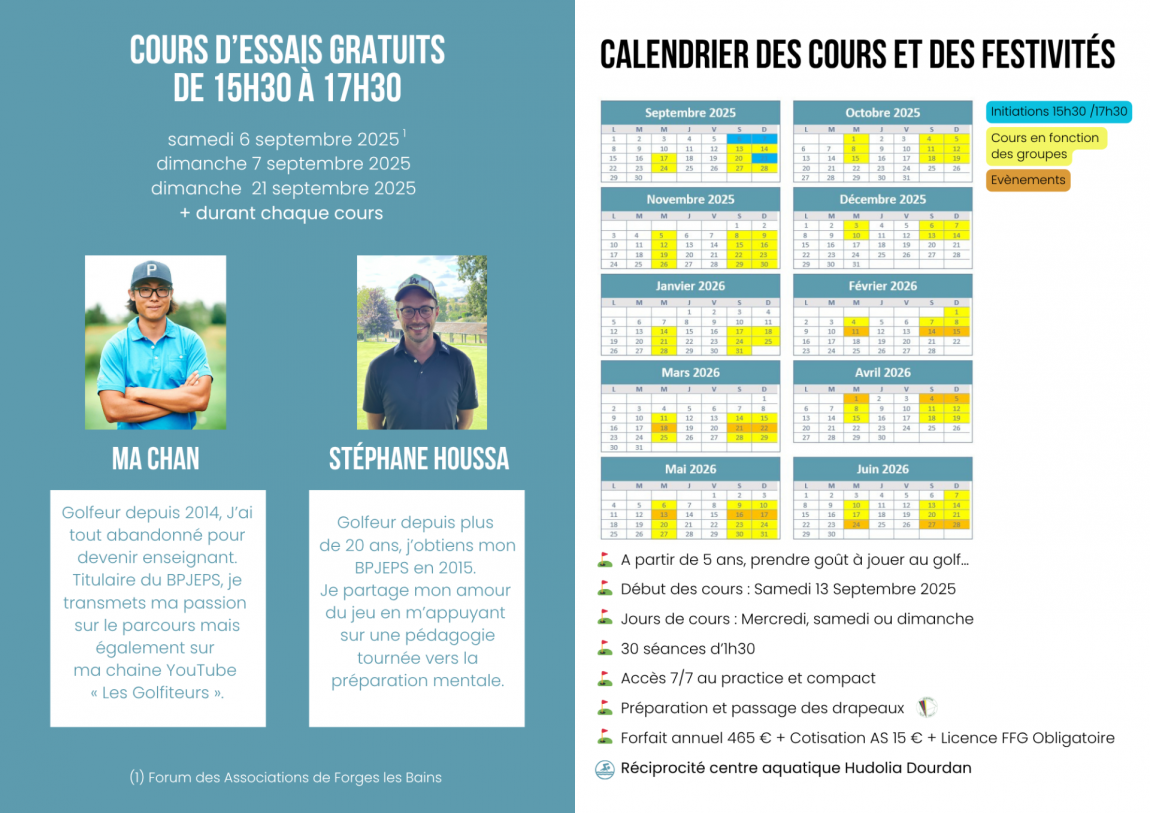 Planning des cours de Golf