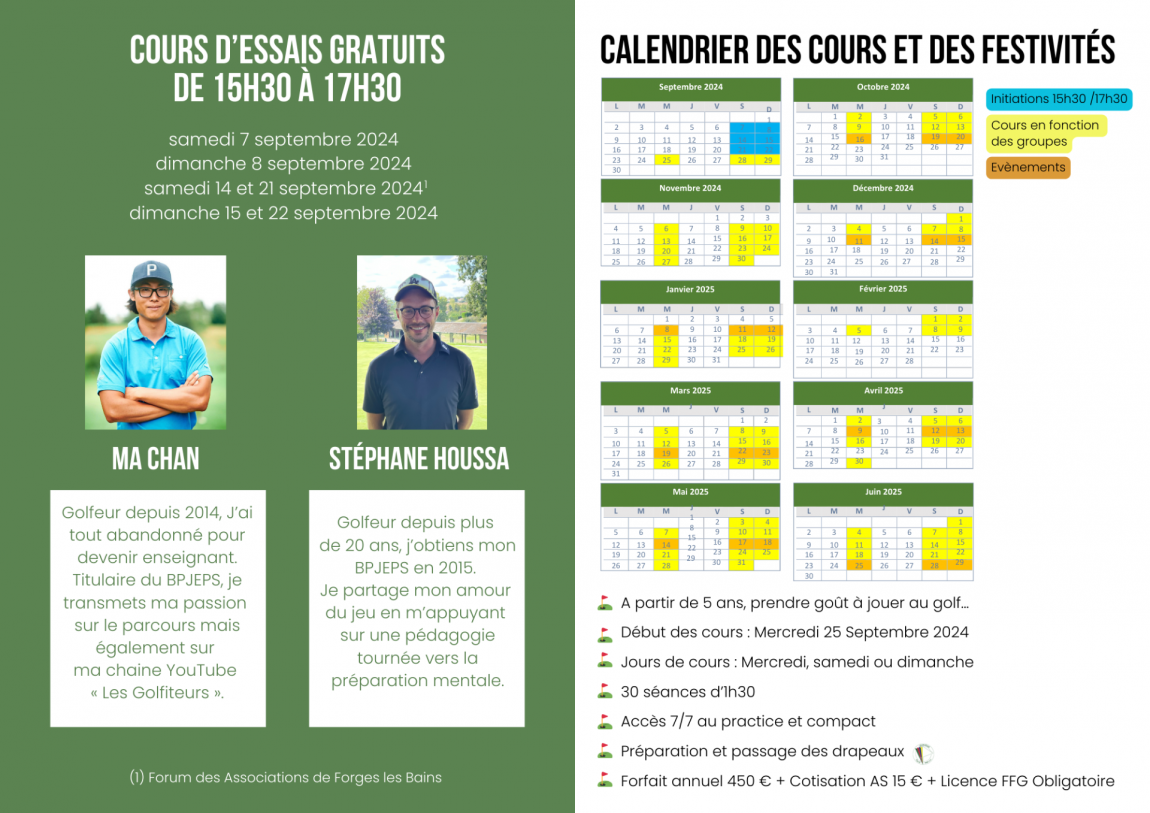 Planning des cours de Golf